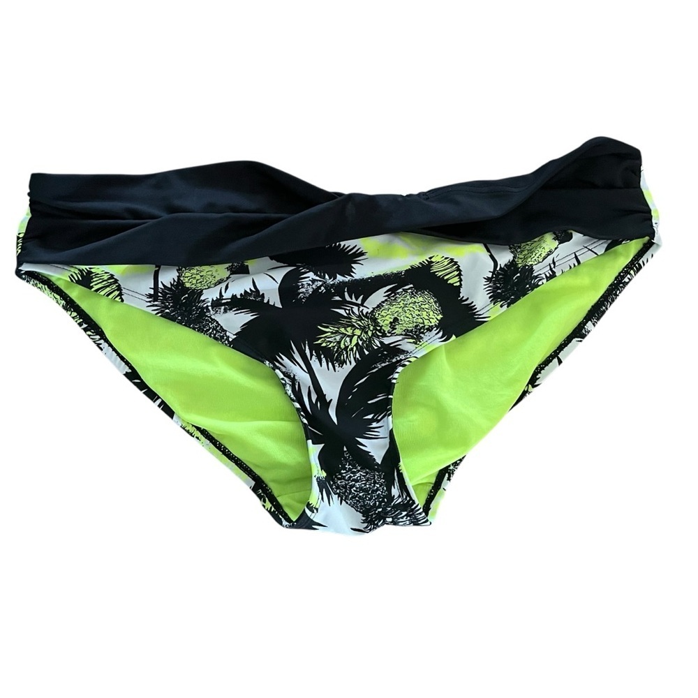 Black and Neon Pineapple Palm Print Bikini Bottom Ruched Waist Tropical Swim